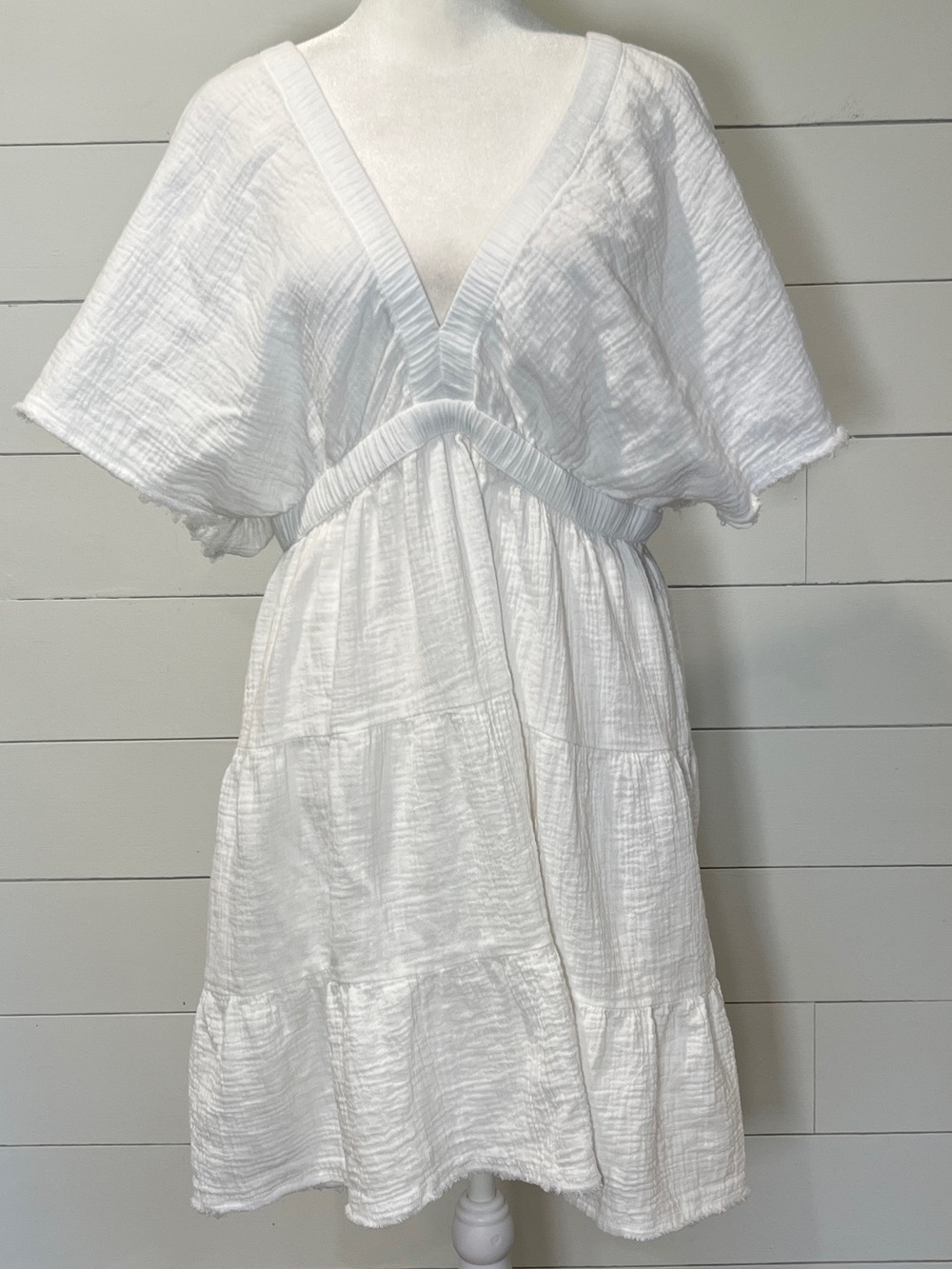 Aerie White V-Neck Tiered Cotton Dress
